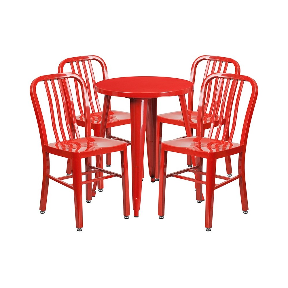 Commercial Grade 24" Round Red Metal Indoor-Outdoor Table Set with 4 Vertical Slat Back Chairs Commercial Grade 24" Round Red Metal Indoor-Outdoor Table Set with 4 Vertical Slat Back Chairs