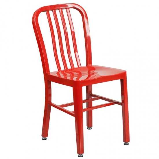 Commercial Grade 24" Round Red Metal Indoor-Outdoor Table Set with 4 Vertical Slat Back Chairs
