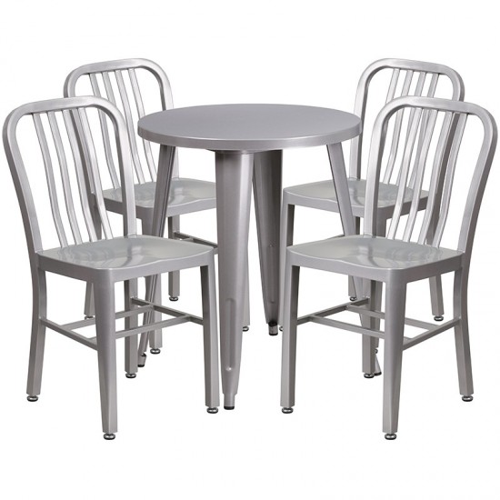 Commercial Grade 24" Round Silver Metal Indoor-Outdoor Table Set with 4 Vertical Slat Back Chairs