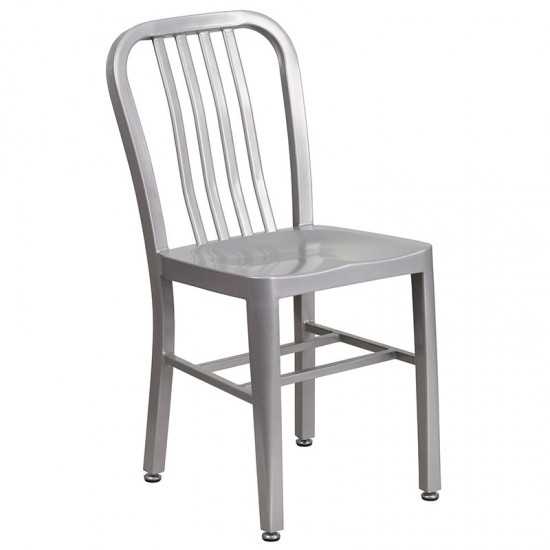 Commercial Grade 24" Round Silver Metal Indoor-Outdoor Table Set with 4 Vertical Slat Back Chairs