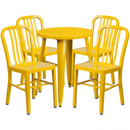 Commercial Grade 24" Round Yellow Metal Indoor-Outdoor Table Set with 4 Vertical Slat Back Chairs