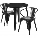 Commercial Grade 30" Round Black Metal Indoor-Outdoor Table Set with 2 Arm Chairs