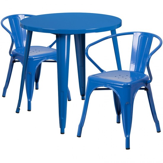 Commercial Grade 30" Round Blue Metal Indoor-Outdoor Table Set with 2 Arm Chairs