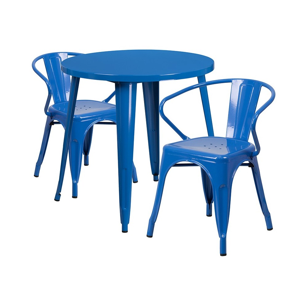 Commercial Grade 30" Round Blue Metal Indoor-Outdoor Table Set with 2 Arm Chairs Commercial Grade 30" Round Blue Metal Indoor-Outdoor Table Set with 2 Arm Chairs