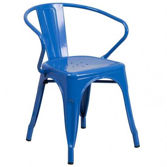 Commercial Grade 30" Round Blue Metal Indoor-Outdoor Table Set with 2 Arm Chairs
