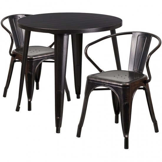Commercial Grade 30" Round Black-Antique Gold Metal Indoor-Outdoor Table Set with 2 Arm Chairs
