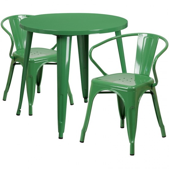 Commercial Grade 30" Round Green Metal Indoor-Outdoor Table Set with 2 Arm Chairs