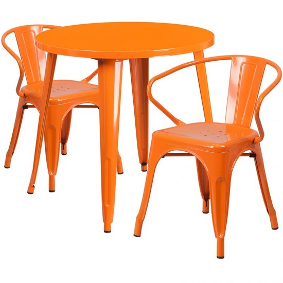 Commercial Grade 30" Round Orange Metal Indoor-Outdoor Table Set with 2 Arm Chairs