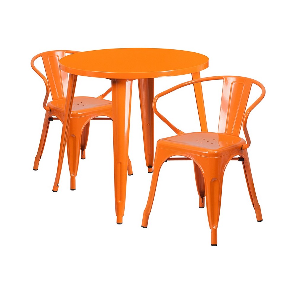 Commercial Grade 30" Round Orange Metal Indoor-Outdoor Table Set with 2 Arm Chairs