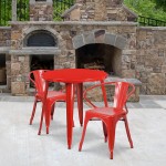 Commercial Grade 30" Round Red Metal Indoor-Outdoor Table Set with 2 Arm Chairs