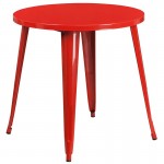 Commercial Grade 30" Round Red Metal Indoor-Outdoor Table Set with 2 Arm Chairs