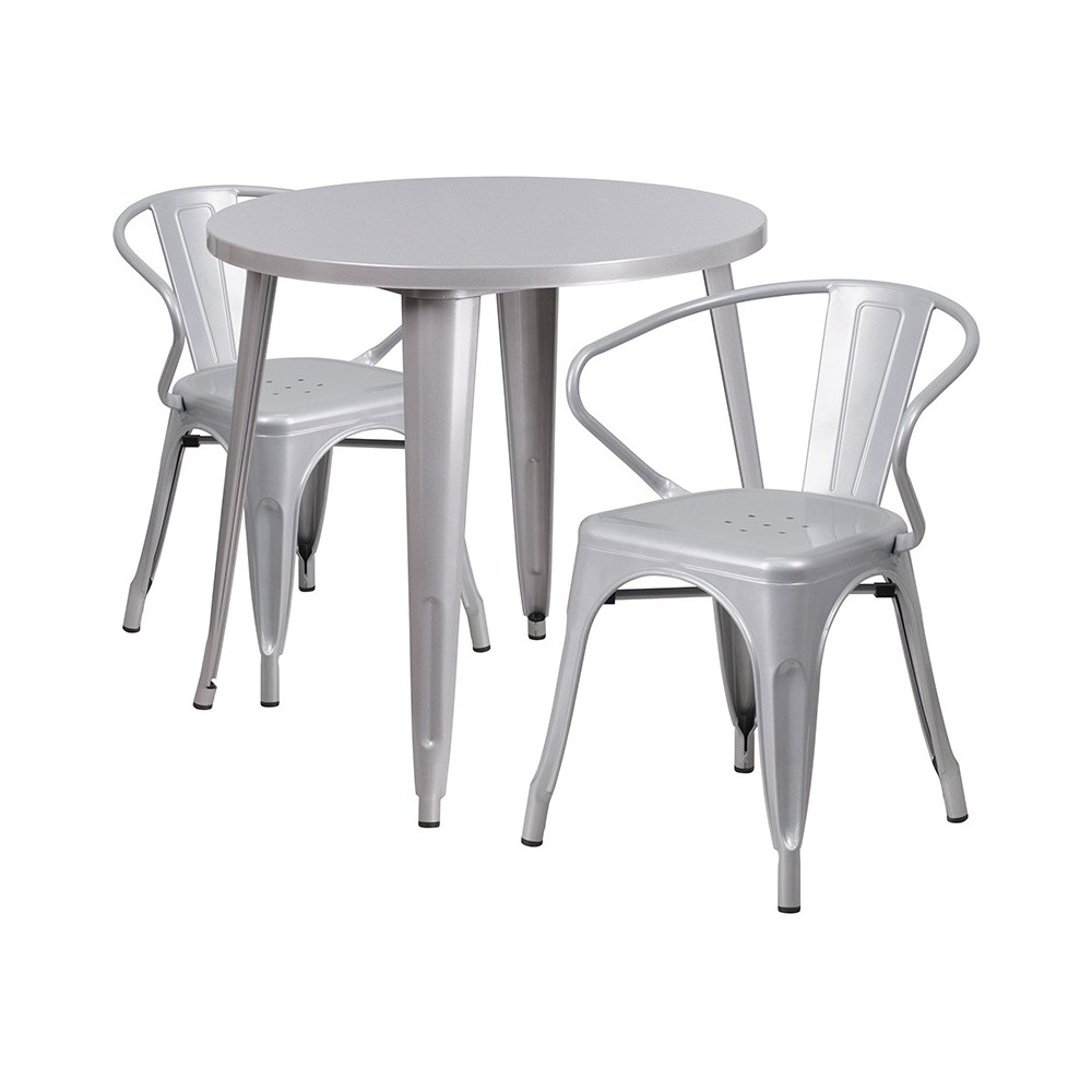 Commercial Grade 30" Round Silver Metal Indoor-Outdoor Table Set with 2 Arm Chairs