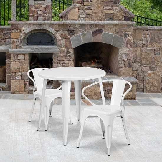 Commercial Grade 30" Round White Metal Indoor-Outdoor Table Set with 2 Arm Chairs