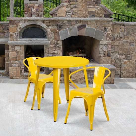 Commercial Grade 30" Round Yellow Metal Indoor-Outdoor Table Set with 2 Arm Chairs