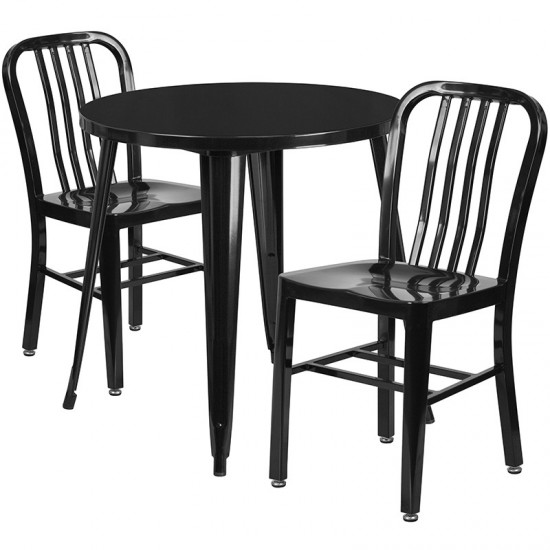 Commercial Grade 30" Round Black Metal Indoor-Outdoor Table Set with 2 Vertical Slat Back Chairs