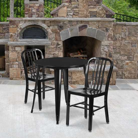 Commercial Grade 30" Round Black Metal Indoor-Outdoor Table Set with 2 Vertical Slat Back Chairs