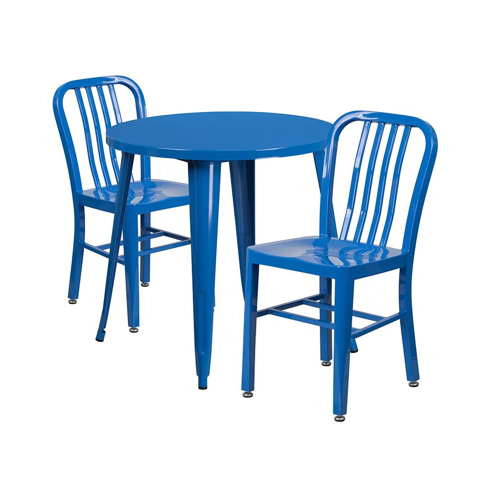 Commercial Grade 30" Round Blue Metal Indoor-Outdoor Table Set with 2 Vertical Slat Back Chairs