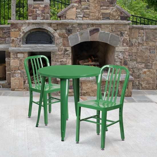 Commercial Grade 30" Round Green Metal Indoor-Outdoor Table Set with 2 Vertical Slat Back Chairs