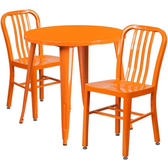 Commercial Grade 30" Round Orange Metal Indoor-Outdoor Table Set with 2 Vertical Slat Back Chairs