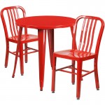 Commercial Grade 30" Round Red Metal Indoor-Outdoor Table Set with 2 Vertical Slat Back Chairs