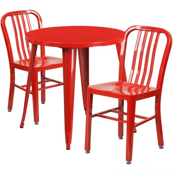 Commercial Grade 30" Round Red Metal Indoor-Outdoor Table Set with 2 Vertical Slat Back Chairs