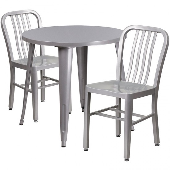 Commercial Grade 30" Round Silver Metal Indoor-Outdoor Table Set with 2 Vertical Slat Back Chairs