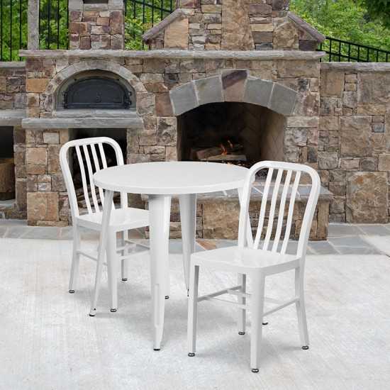 Commercial Grade 30" Round White Metal Indoor-Outdoor Table Set with 2 Vertical Slat Back Chairs