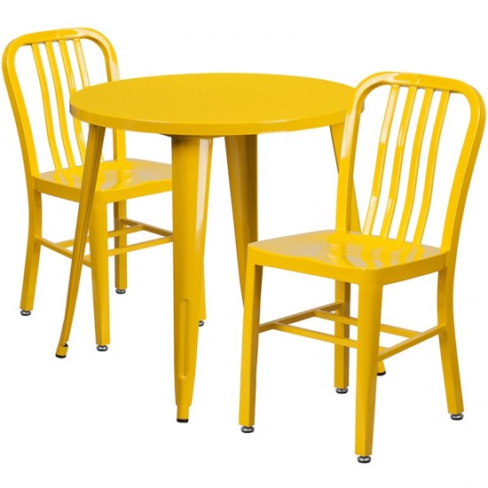 Commercial Grade 30" Round Yellow Metal Indoor-Outdoor Table Set with 2 Vertical Slat Back Chairs