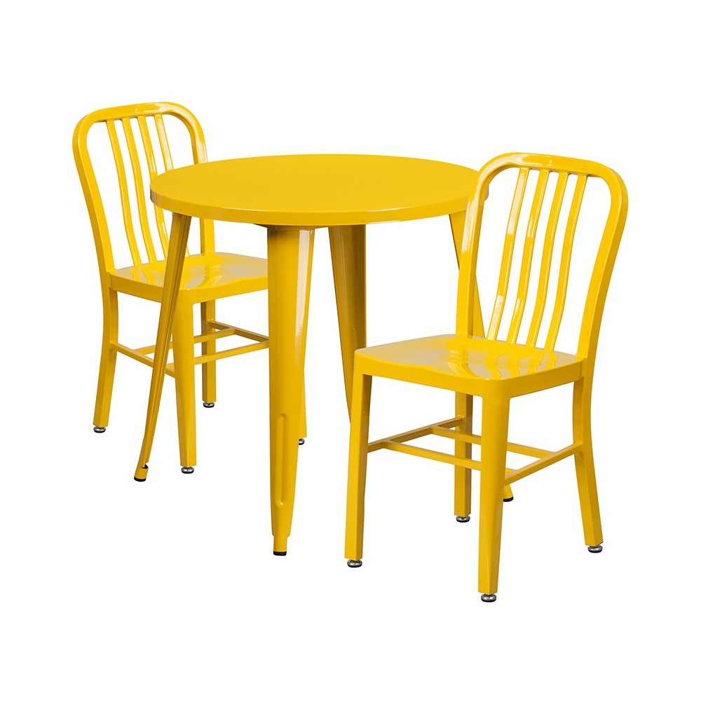 Commercial Grade 30" Round Yellow Metal Indoor-Outdoor Table Set with 2 Vertical Slat Back Chairs Commercial Grade 30" Round Yellow Metal Indoor-Outdoor Table Set with 2 Vertical Slat Back Chairs