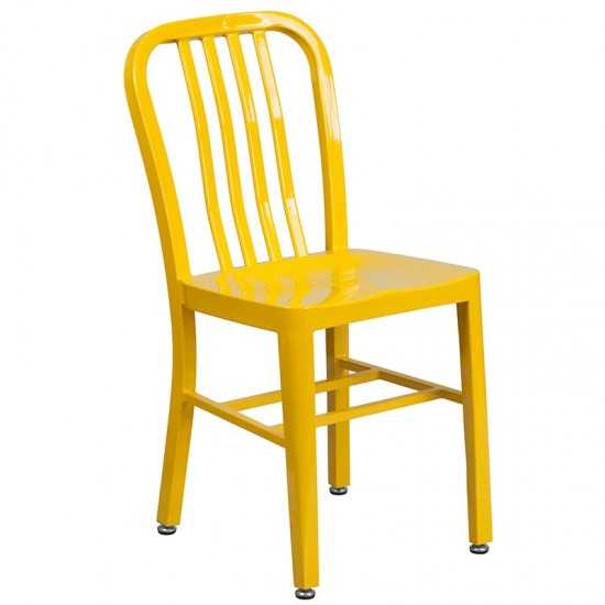 Commercial Grade 30" Round Yellow Metal Indoor-Outdoor Table Set with 2 Vertical Slat Back Chairs