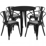 Commercial Grade 30" Round Black Metal Indoor-Outdoor Table Set with 4 Arm Chairs