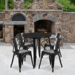 Commercial Grade 30" Round Black Metal Indoor-Outdoor Table Set with 4 Arm Chairs