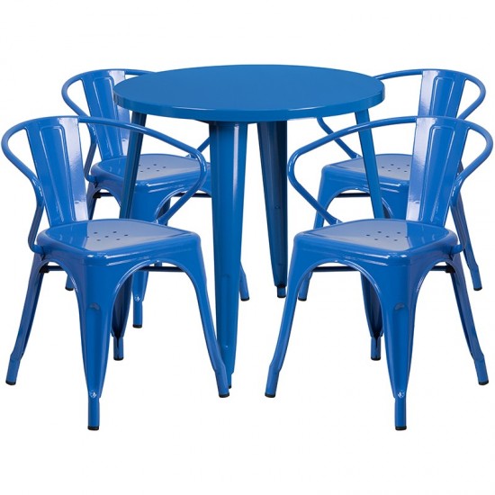 Commercial Grade 30" Round Blue Metal Indoor-Outdoor Table Set with 4 Arm Chairs