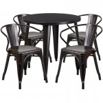 Commercial Grade 30" Round Black-Antique Gold Metal Indoor-Outdoor Table Set with 4 Arm Chairs