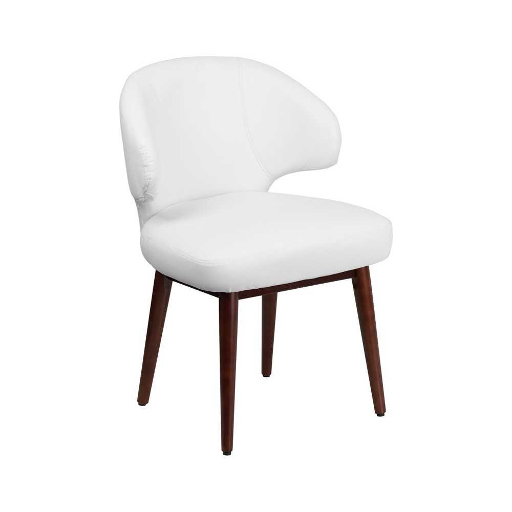 Comfort Back Series White LeatherSoft Side Reception Chair with Walnut Legs