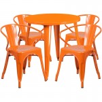 Commercial Grade 30" Round Orange Metal Indoor-Outdoor Table Set with 4 Arm Chairs