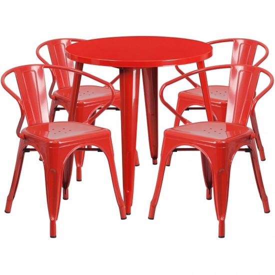 Commercial Grade 30" Round Red Metal Indoor-Outdoor Table Set with 4 Arm Chairs