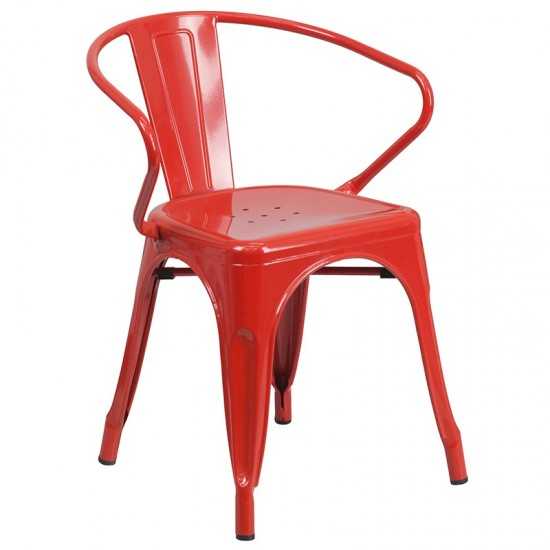 Commercial Grade 30" Round Red Metal Indoor-Outdoor Table Set with 4 Arm Chairs