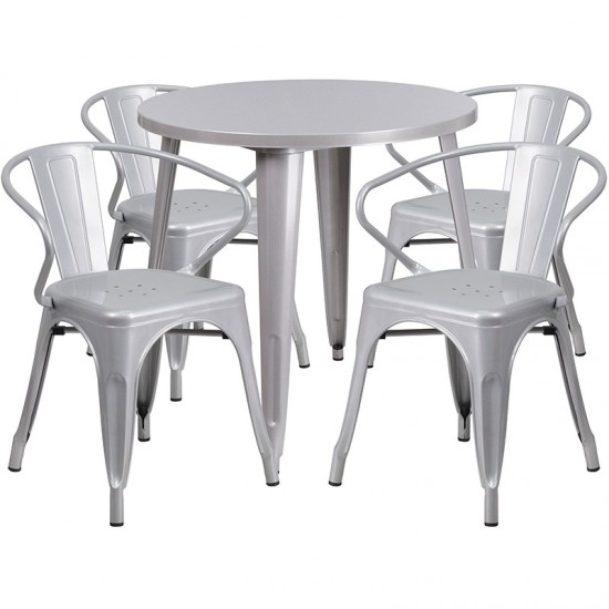 Commercial Grade 30" Round Silver Metal Indoor-Outdoor Table Set with 4 Arm Chairs