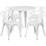 Commercial Grade 30" Round White Metal Indoor-Outdoor Table Set with 4 Arm Chairs