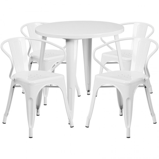 Commercial Grade 30" Round White Metal Indoor-Outdoor Table Set with 4 Arm Chairs