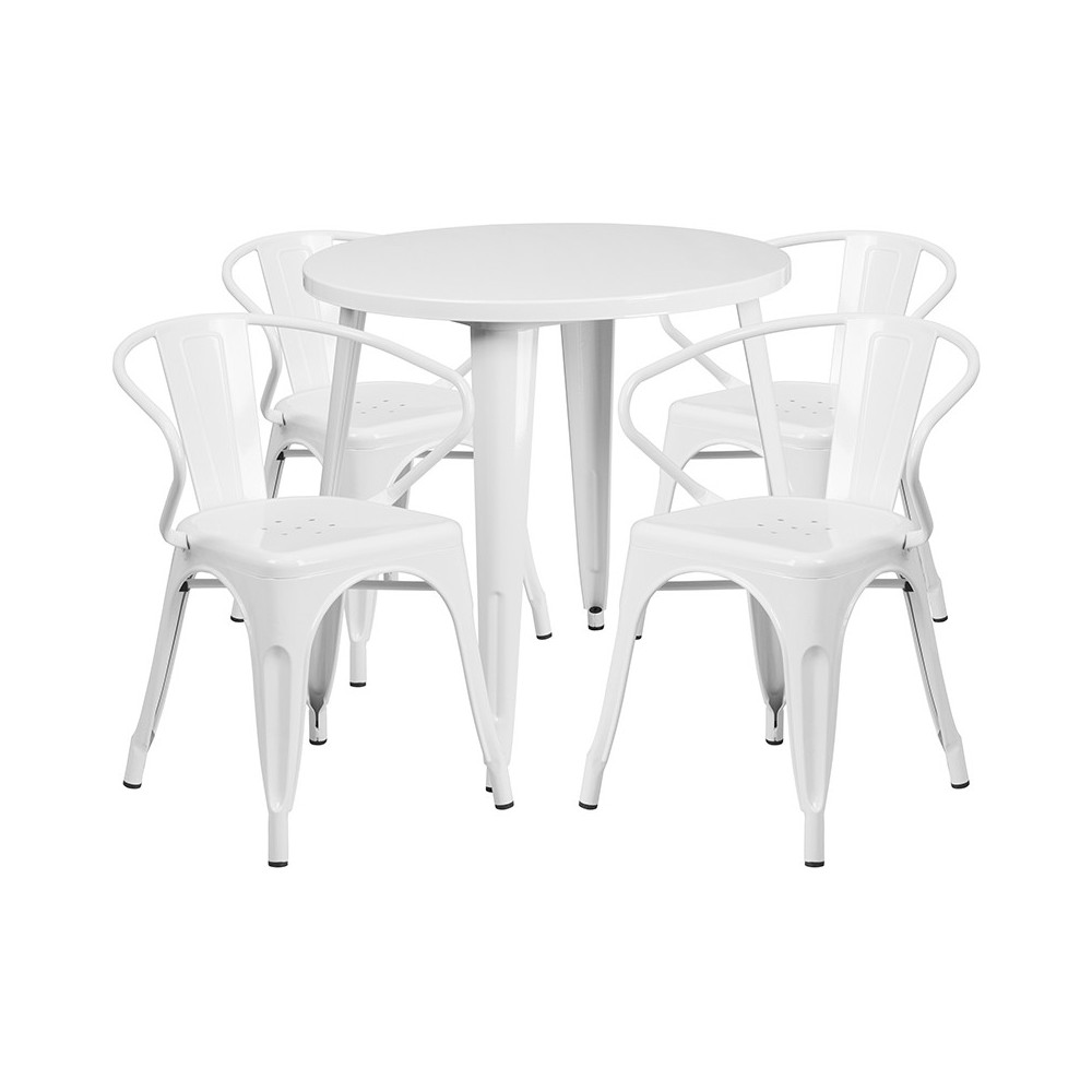Commercial Grade 30" Round White Metal Indoor-Outdoor Table Set with 4 Arm Chairs Commercial Grade 30" Round White Metal Indoor-Outdoor Table Set with 4 Arm Chairs