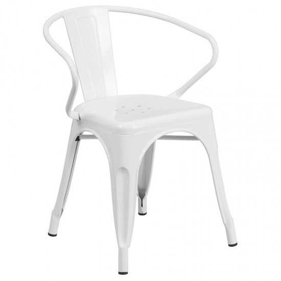 Commercial Grade 30" Round White Metal Indoor-Outdoor Table Set with 4 Arm Chairs