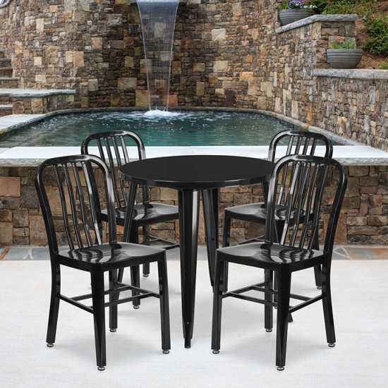 Commercial Grade 30" Round Black Metal Indoor-Outdoor Table Set with 4 Vertical Slat Back Chairs