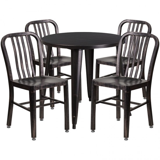 Commercial Grade 30" Round Black-Antique Gold Metal Indoor-Outdoor Table Set with 4 Vertical Slat Back Chairs