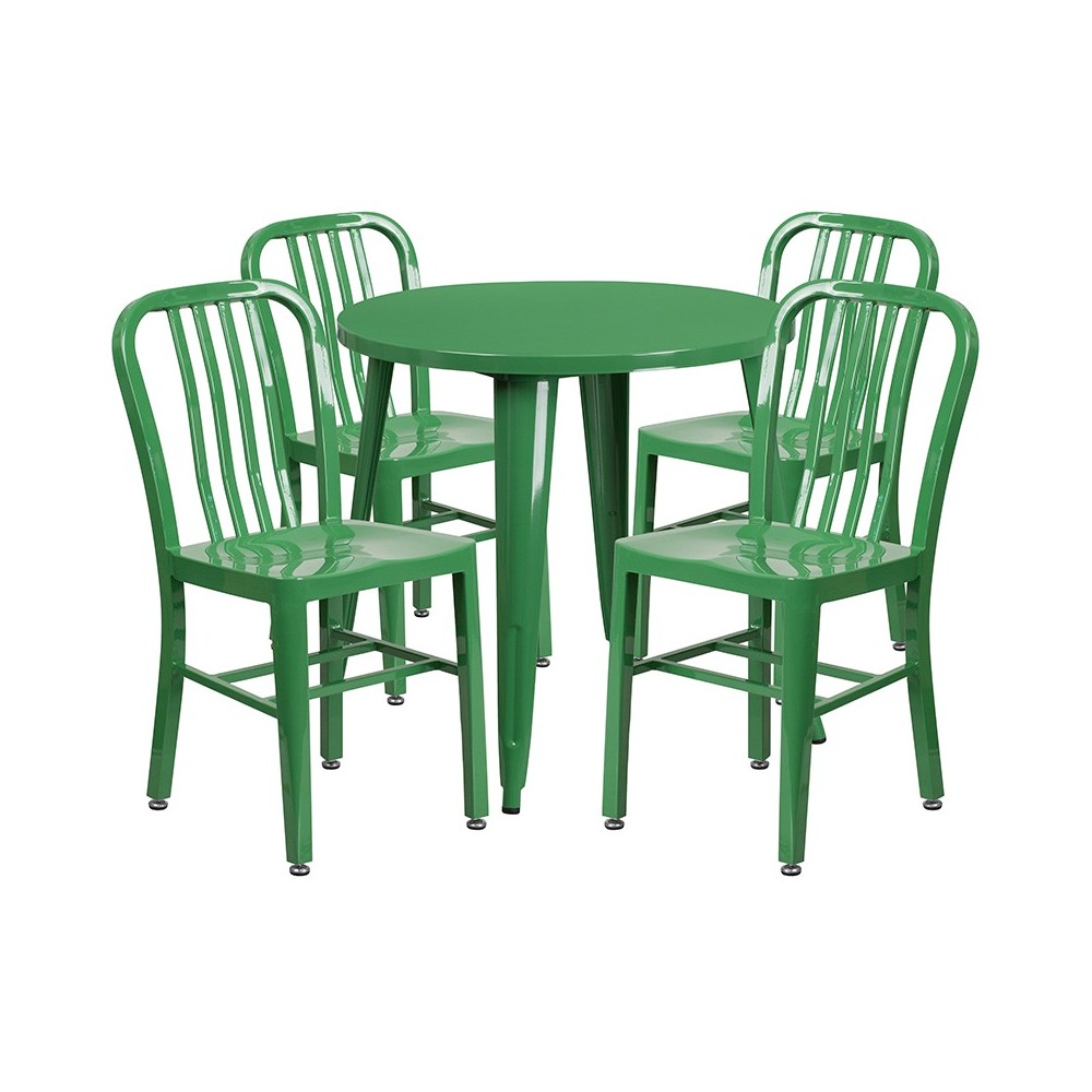 Commercial Grade 30" Round Green Metal Indoor-Outdoor Table Set with 4 Vertical Slat Back Chairs