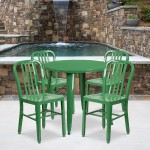 Commercial Grade 30" Round Green Metal Indoor-Outdoor Table Set with 4 Vertical Slat Back Chairs