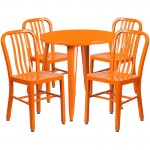 Commercial Grade 30" Round Orange Metal Indoor-Outdoor Table Set with 4 Vertical Slat Back Chairs