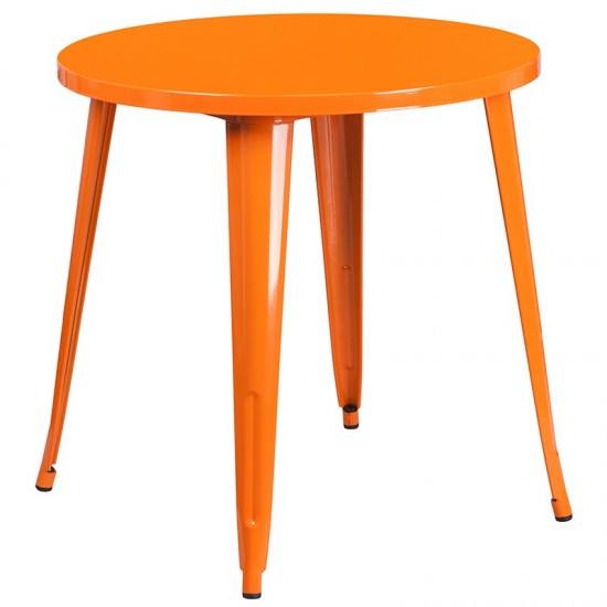 Commercial Grade 30" Round Orange Metal Indoor-Outdoor Table Set with 4 Vertical Slat Back Chairs