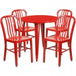 Commercial Grade 30" Round Red Metal Indoor-Outdoor Table Set with 4 Vertical Slat Back Chairs